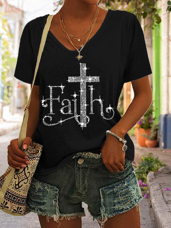 Women's Retro Faith Print V-Neck T-Shirt