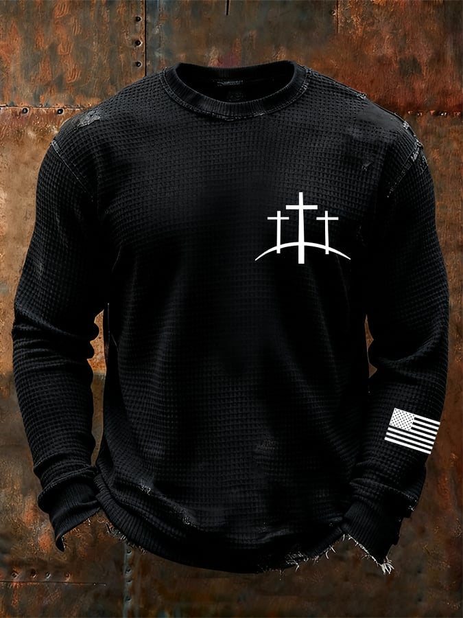 Men's Vintage Faith Cross Design Waffle Fabric Long Sleeve T-Shirt