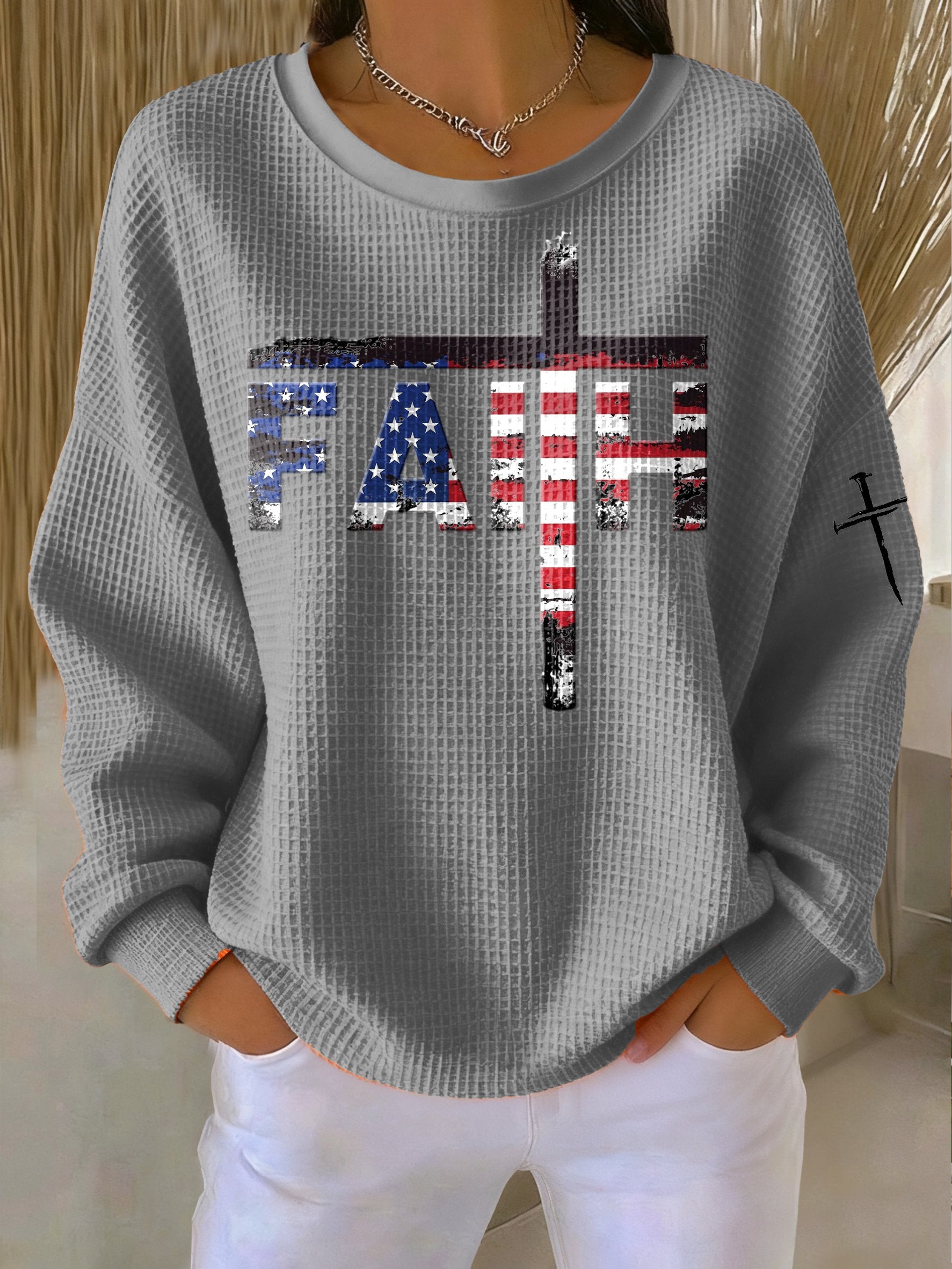 Women's Casual Faith Flag Waffle Sweatshirt