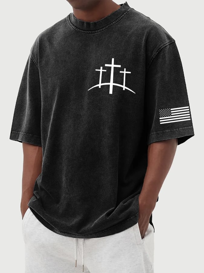 Men's Flag Faith Cross Printed Cotton Washed T-Shirt