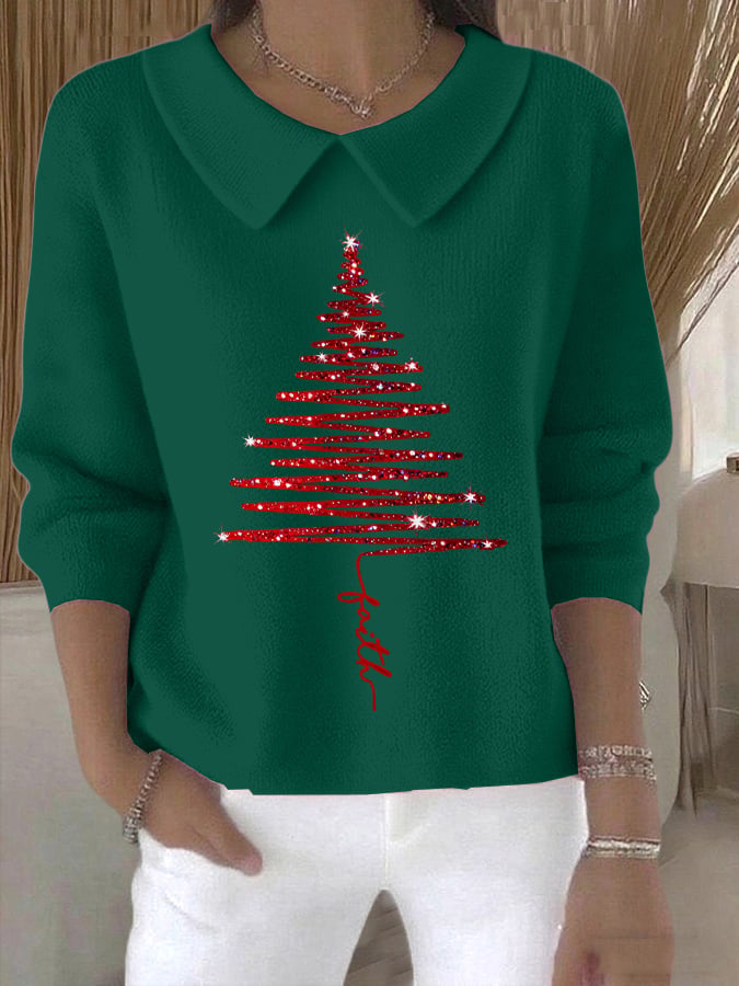 Women's Christmas Art Print Collar Knit Top