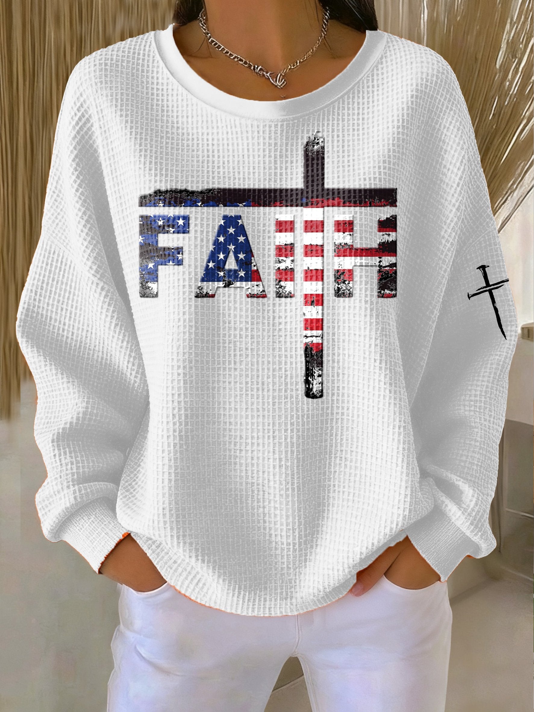 Women's Casual Faith Flag Waffle Sweatshirt