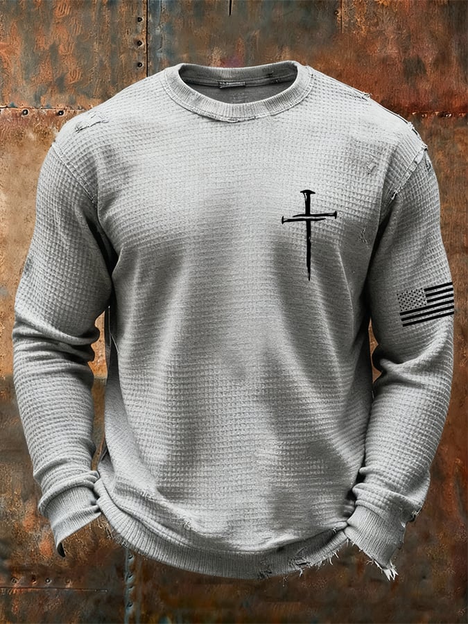 Men's Vintage Faith Cross Design Waffle Fabric Long Sleeve T-Shirt