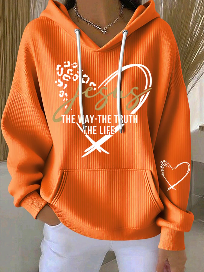 Women's Vintage Faith The Way The Truth The Life Printed Casual Ribbed Hoodie