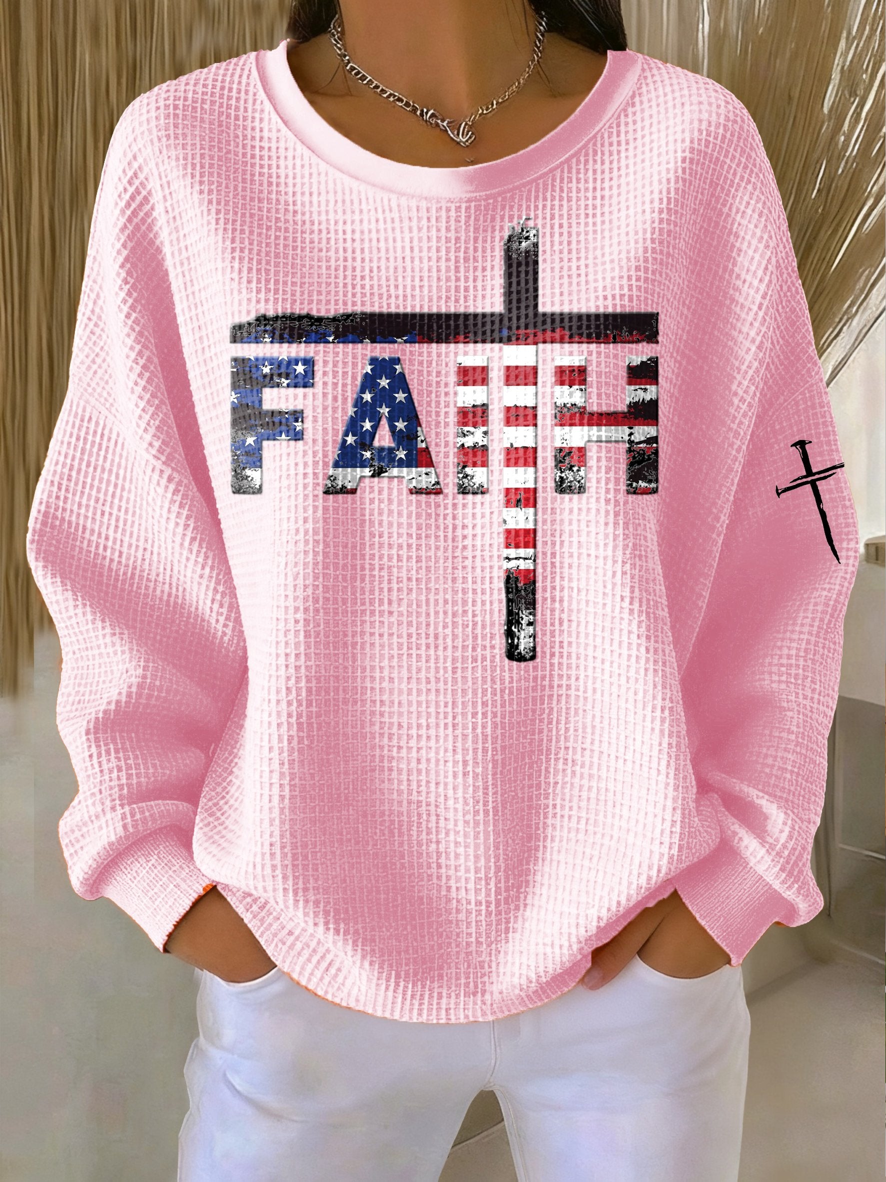 Women's Casual Faith Flag Waffle Sweatshirt