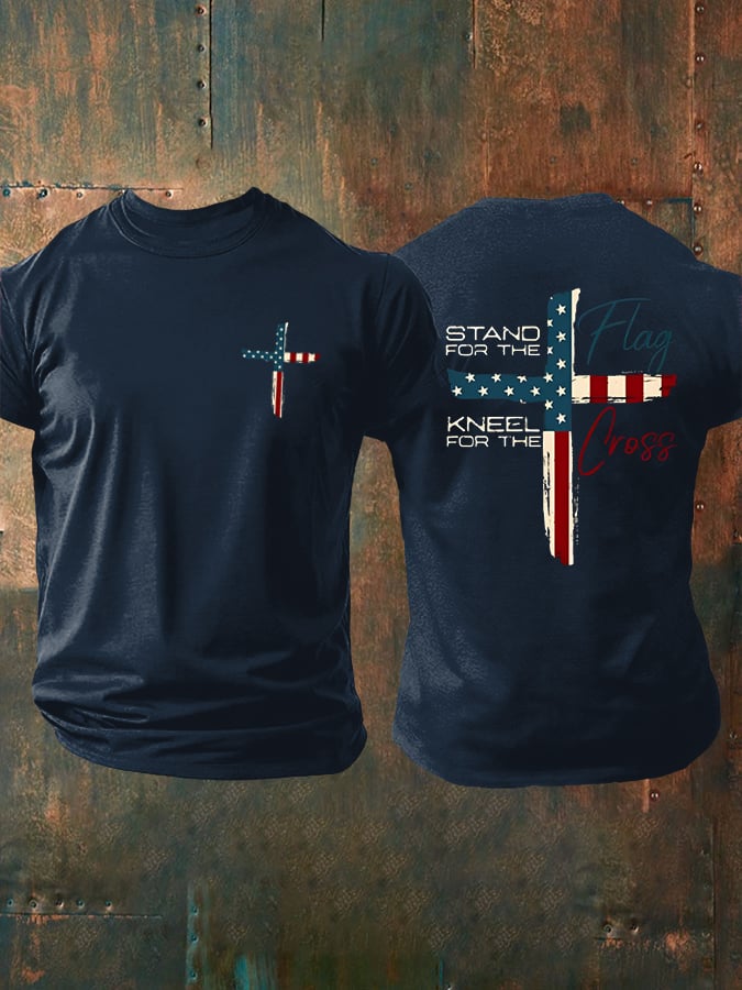 Men's Stand For The Flag Kneel For The Cross Printed Casual T-Shirt