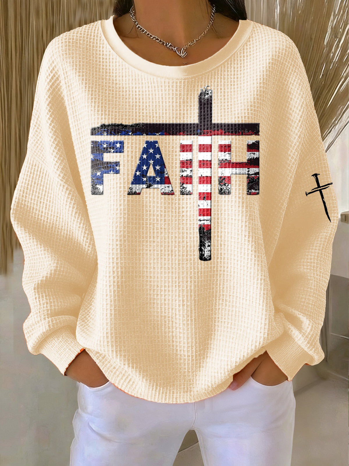 Women's Casual Faith Flag Waffle Sweatshirt