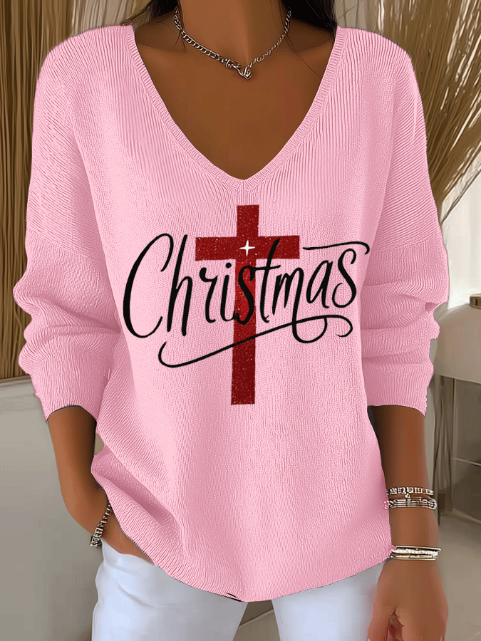 Women's Christmas Faith Print Knit Long Sleeve Top