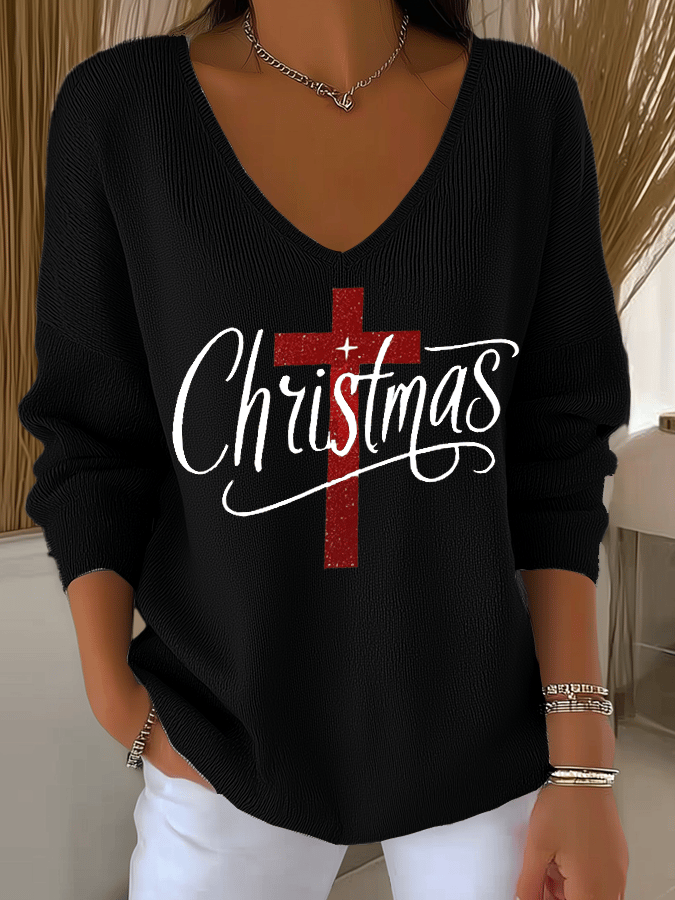 Women's Christmas Faith Print Knit Long Sleeve Top