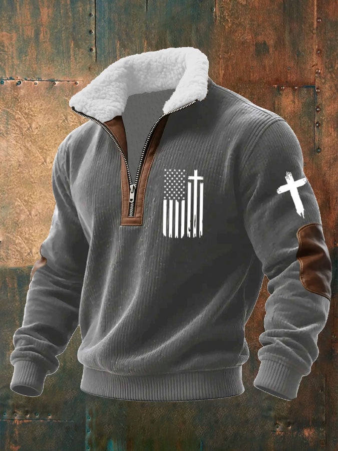Men's Flag Cross Printed Knitted Fabric Zipper Fur Collar Sweatshirt