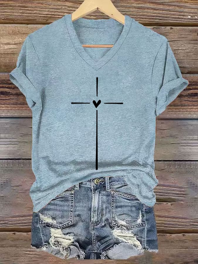 Women's Christian Faith Cross Printed V-Neck Short Sleeve T-Shirt