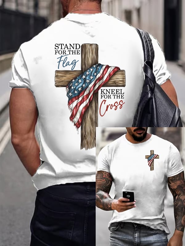 Men's Stand For The Flag Kneel For The Cross Printed Casual T-Shirt