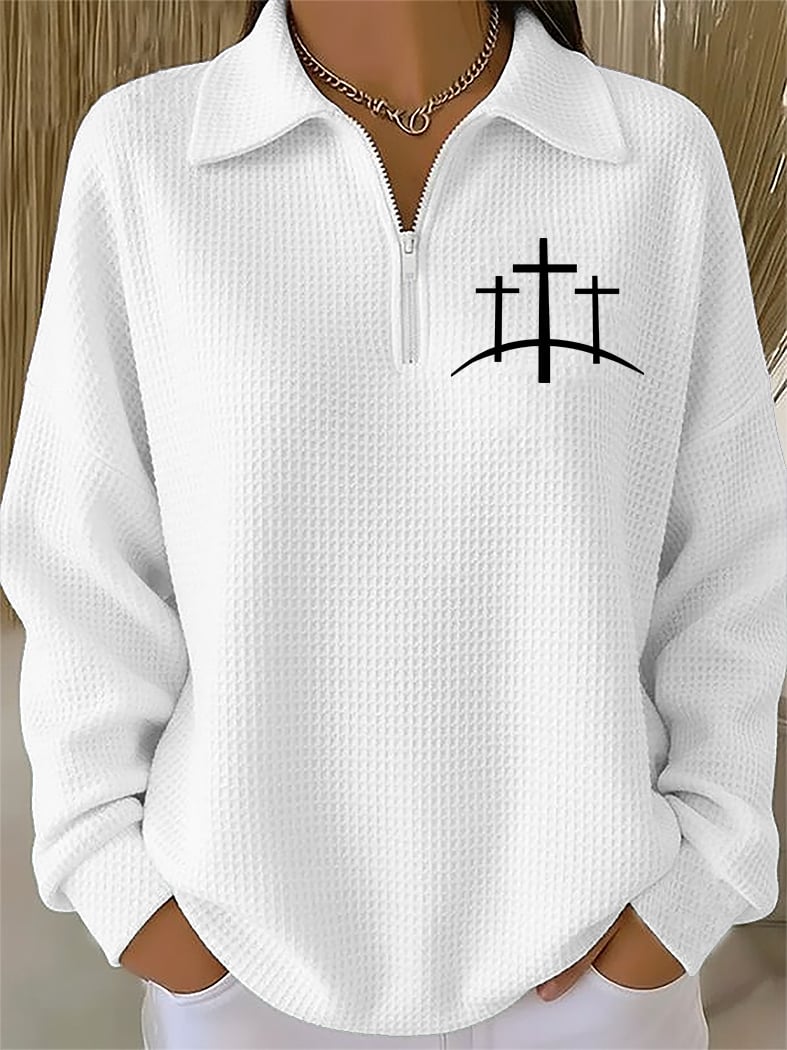 Women's Faith Cross Print Waffle Zip-Up Top