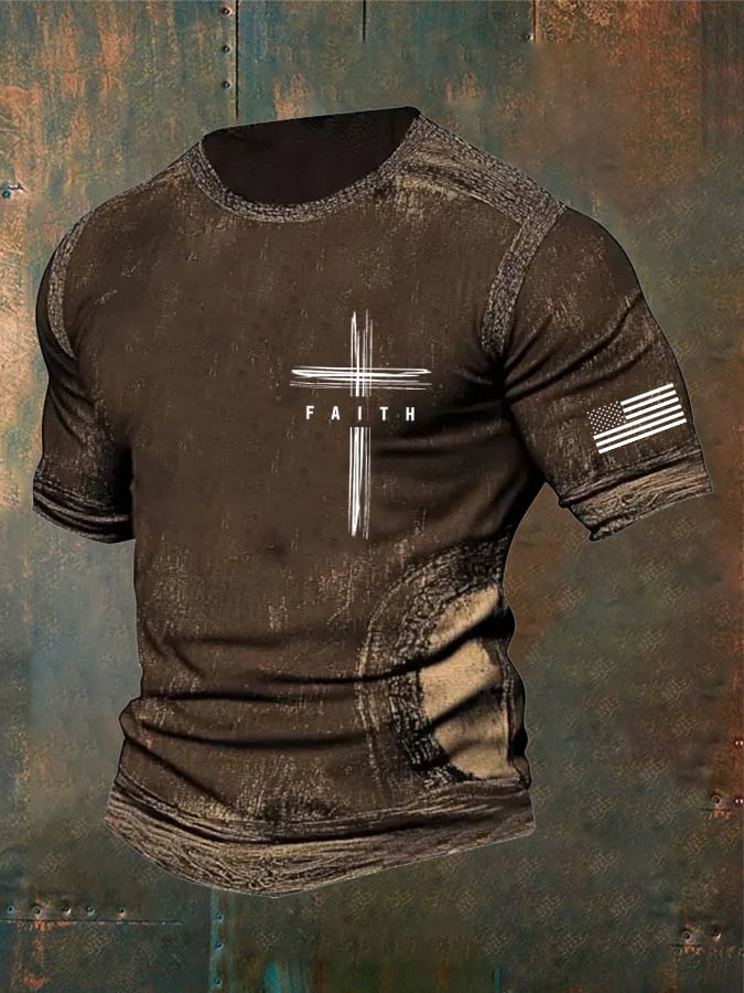 Men's Vintage Faith Cross Print Casual T-Shirt