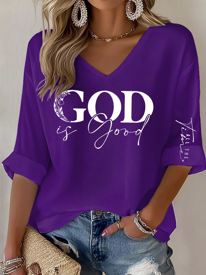 Women's casual God is good at all times waffle long-sleeved T-shirt