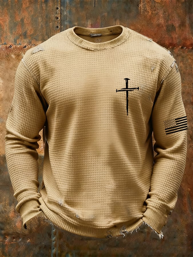 Men's Vintage Faith Cross Design Waffle Fabric Long Sleeve T-Shirt