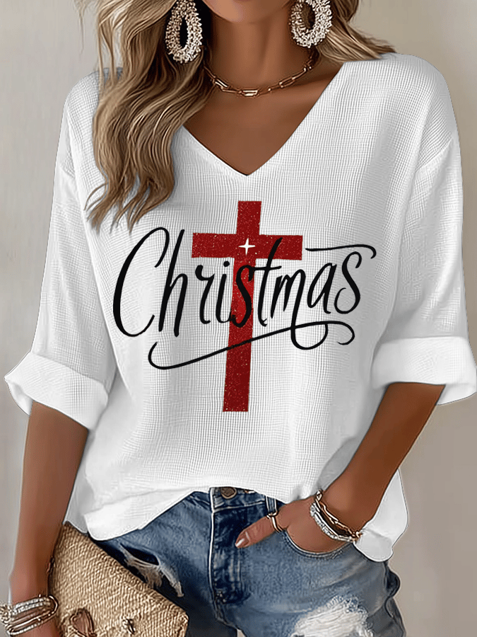 Women's Christmas Faith Print Waffle Long Sleeve T-Shirt