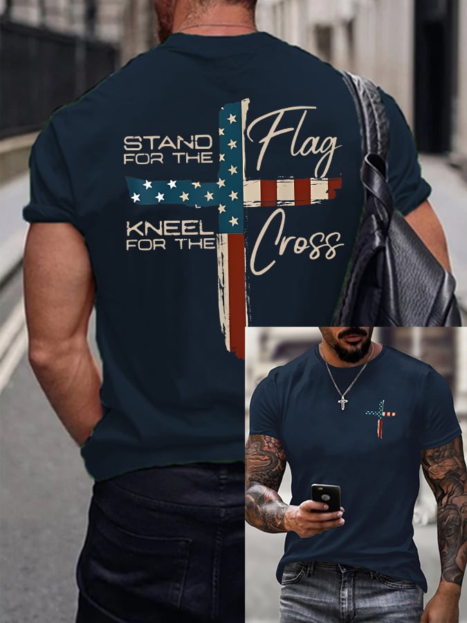 Men's Stand For The Flag Kneel For The Cross Printed Casual T-Shirt
