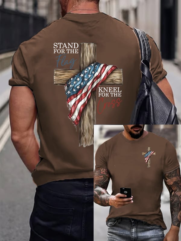 Men's Stand For The Flag Kneel For The Cross Printed Casual T-Shirt