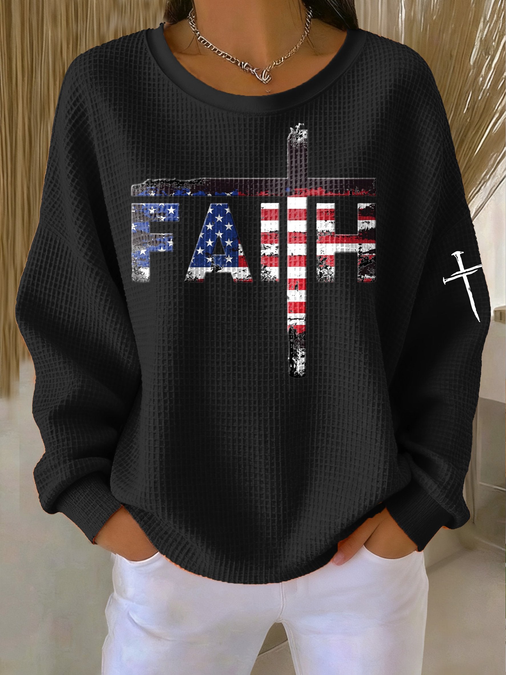 Women's Casual Faith Flag Waffle Sweatshirt