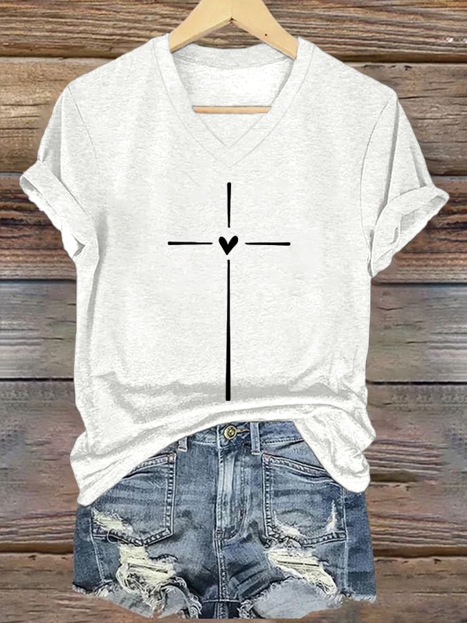 Women's Christian Faith Cross Printed V-Neck Short Sleeve T-Shirt