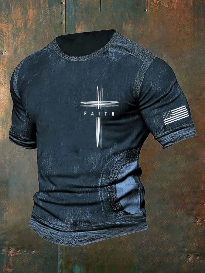 Men's Vintage Faith Cross Print Casual T-Shirt