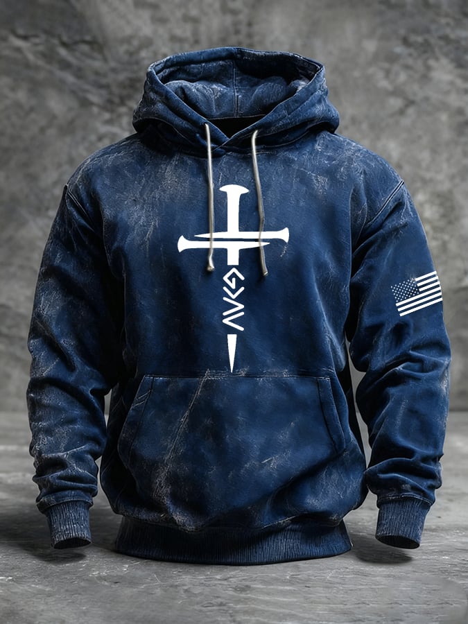 Men's Casual Retro Print Long Sleeve Hooded Sweatshirt