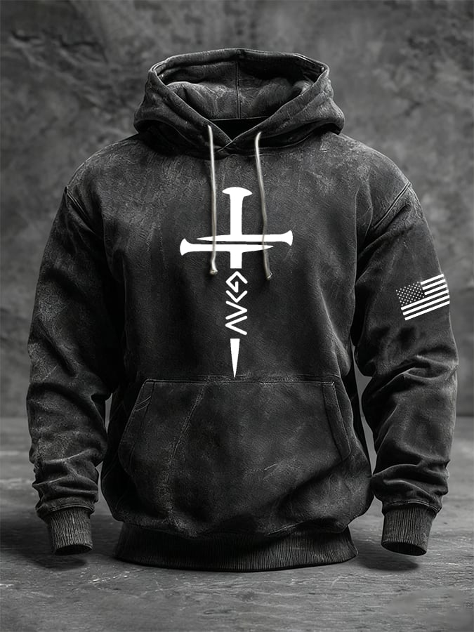 Men's Casual Retro Print Long Sleeve Hooded Sweatshirt