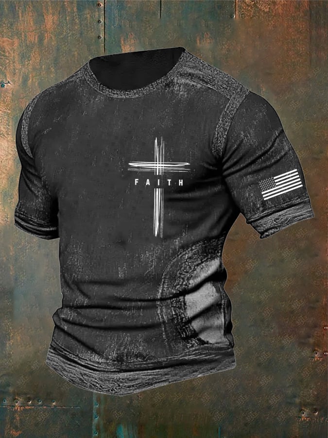 Men's Vintage Faith Cross Print Casual T-Shirt