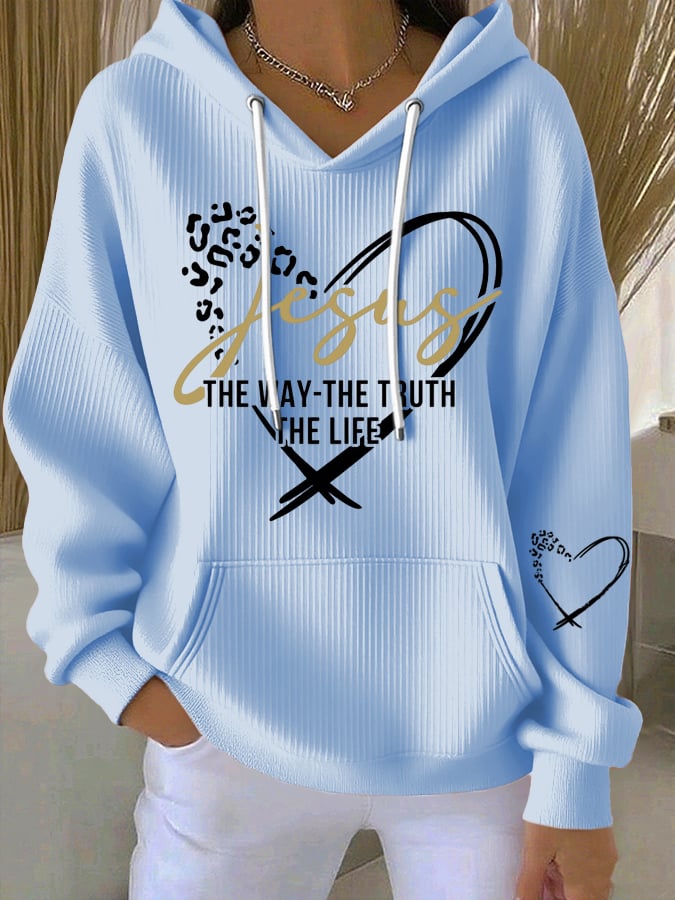 Women's Vintage Faith The Way The Truth The Life Printed Casual Ribbed Hoodie