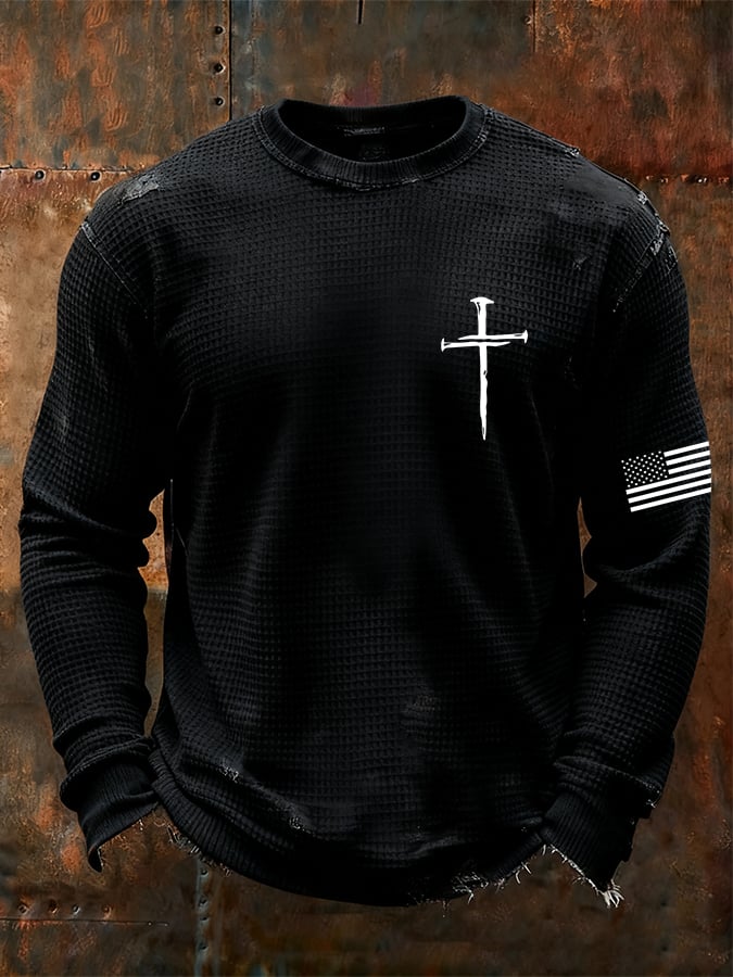 Men's Vintage Faith Cross Design Waffle Fabric Long Sleeve T-Shirt