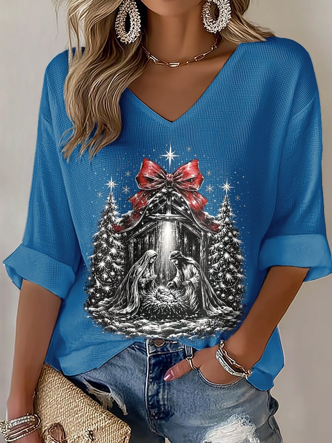 Women's Casual Printed Waffle Top