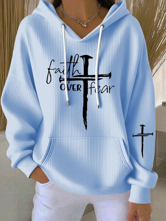 Women's Faith Cross Faith Over Fear Print Casual Hooded Sweatshirt