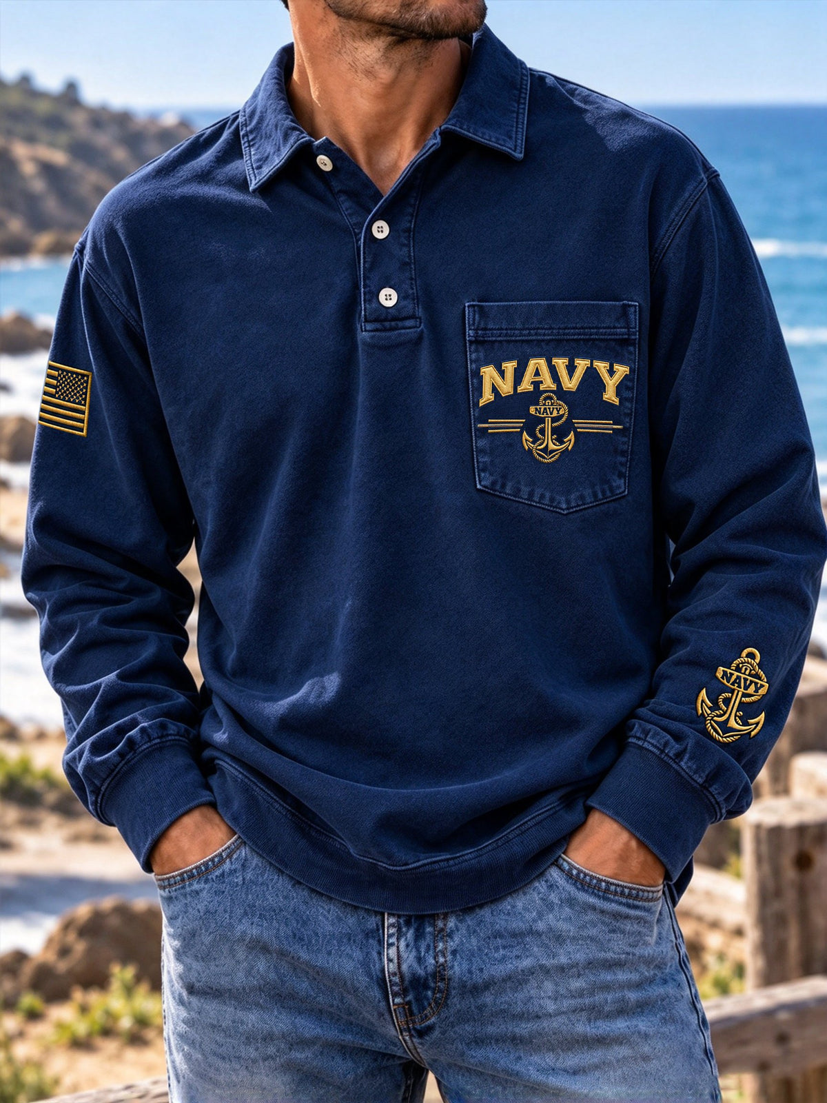Men's Veteran Commemorative Print Long-Sleeve Polo Shirt