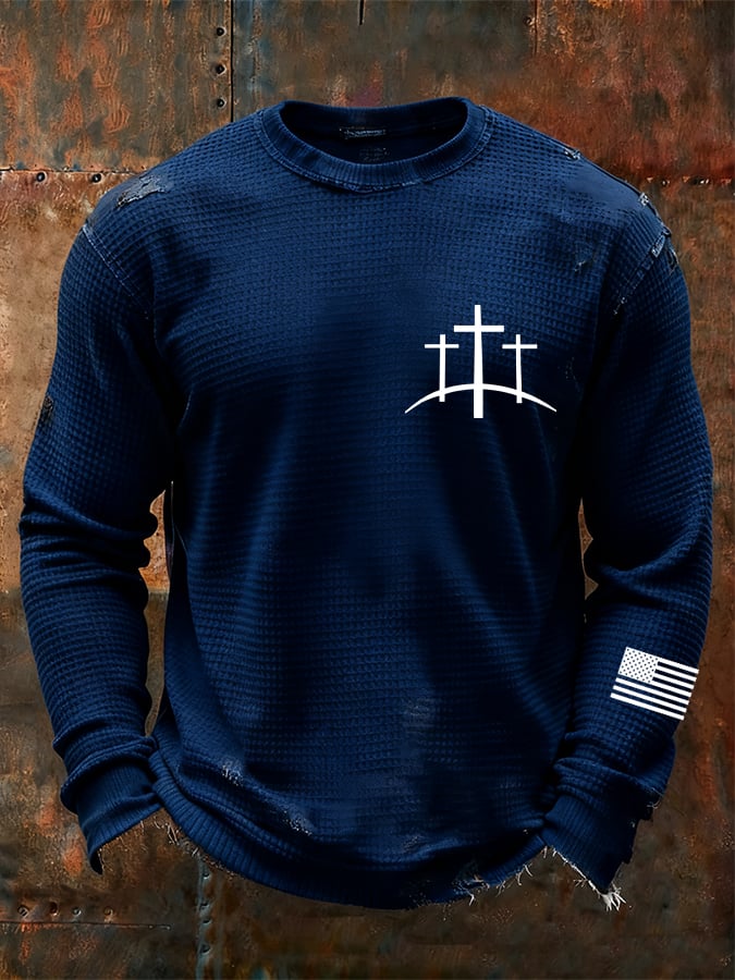 Men's Vintage Faith Cross Design Waffle Fabric Long Sleeve T-Shirt