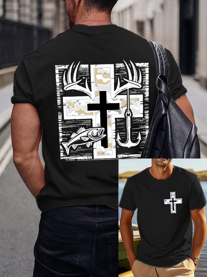 Men's Retro Faith Fishing Hunting Print T-Shirt