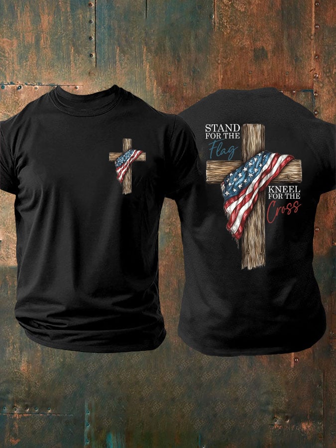 Men's Stand For The Flag Kneel For The Cross Printed Casual T-Shirt