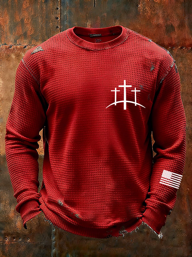 Men's Vintage Faith Cross Design Waffle Fabric Long Sleeve T-Shirt
