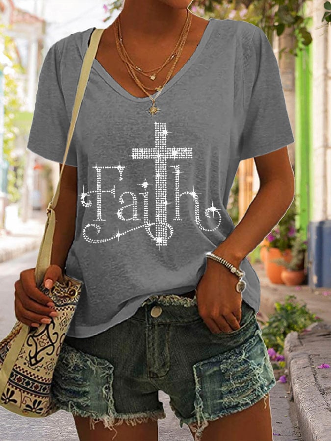 Women's Retro Faith Print V-Neck T-Shirt