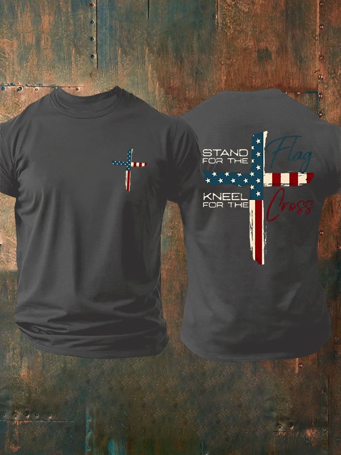 Men's Stand For The Flag Kneel For The Cross Printed Casual T-Shirt