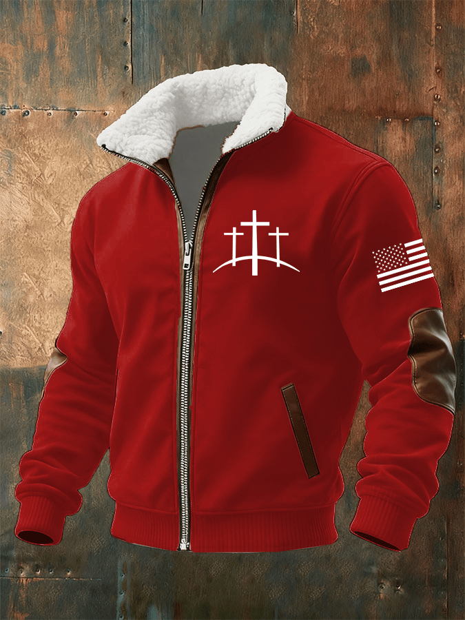 Men's Retro Faith Print Fur Collar Zip-Up Sweatshirt Jacket