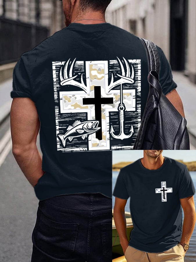 Men's Retro Faith Fishing Hunting Print T-Shirt