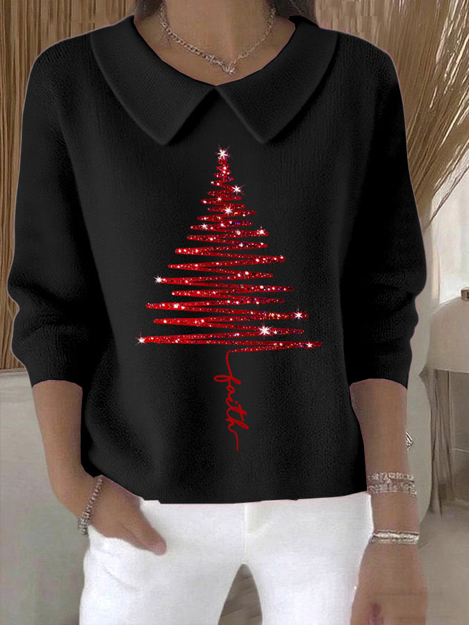 Women's Christmas Art Print Collar Knit Top