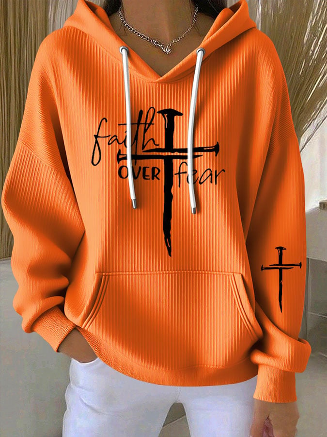 Women's Faith Cross Faith Over Fear Print Casual Hooded Sweatshirt