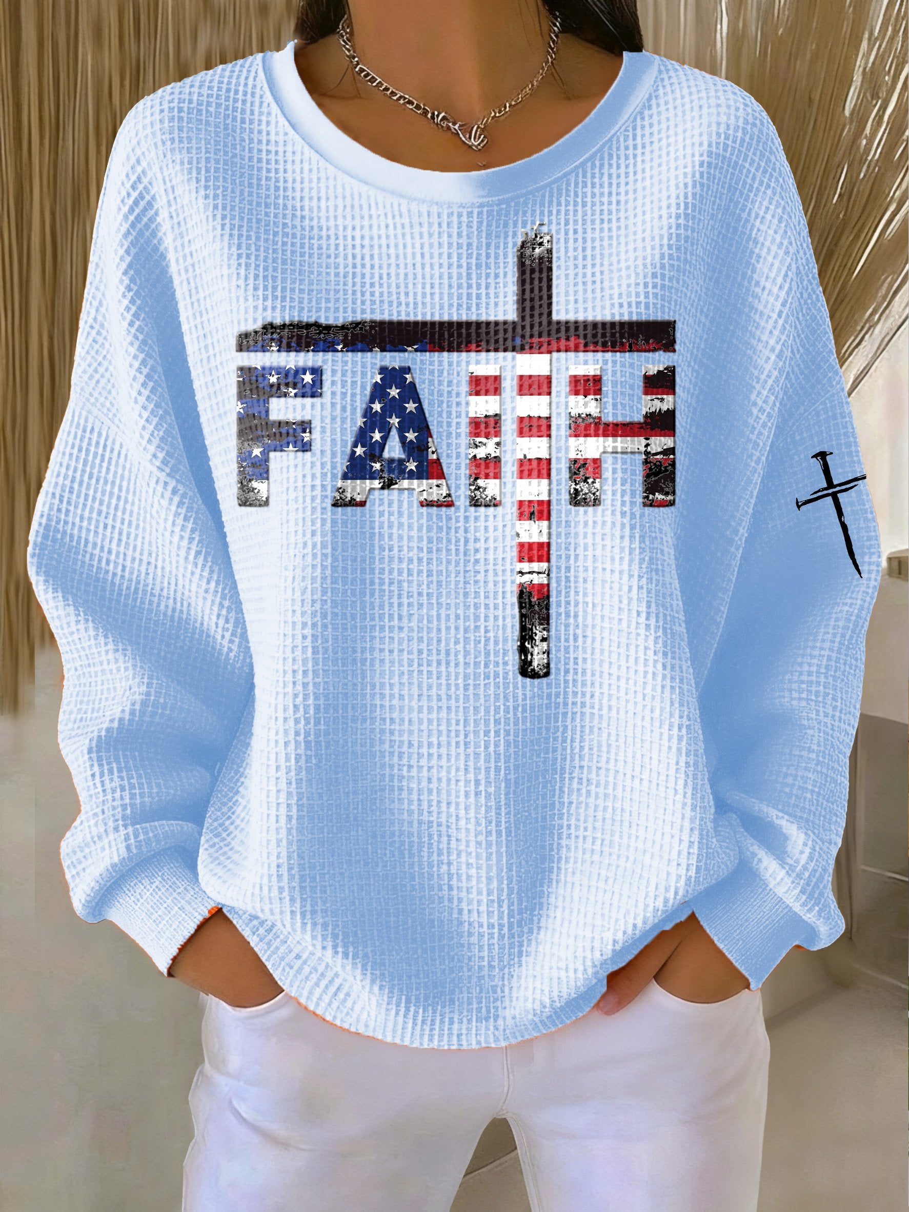 Women's Casual Faith Flag Waffle Sweatshirt