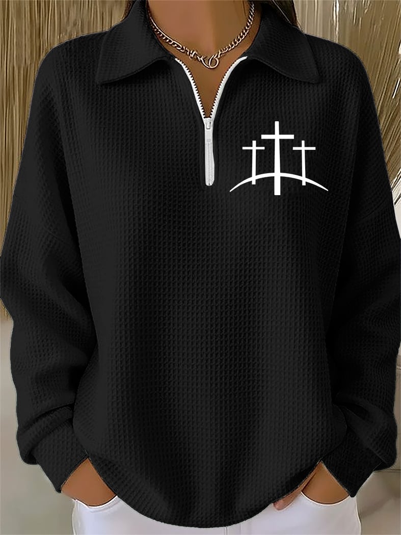 Women's Faith Cross Print Waffle Zip-Up Top