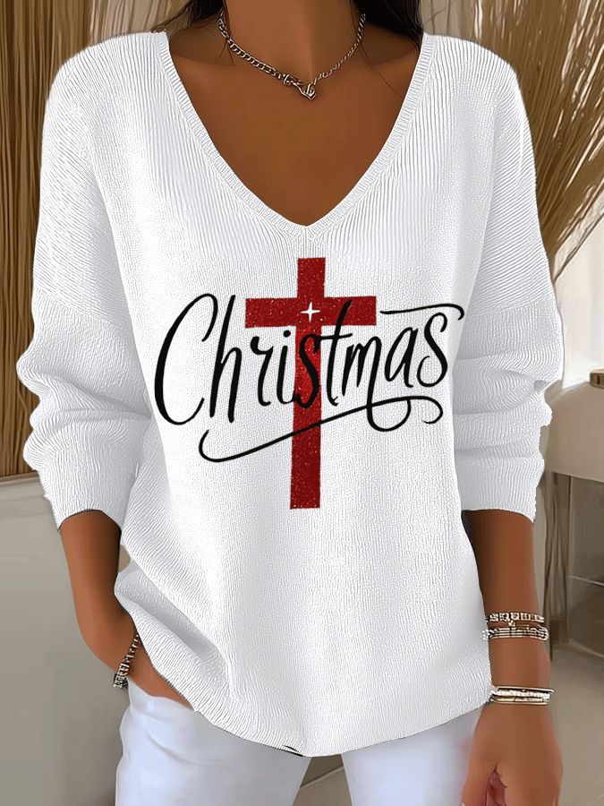 Women's Christmas Faith Print Knit Long Sleeve Top