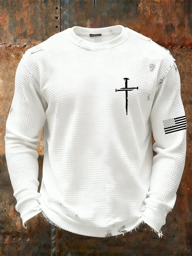 Men's Vintage Faith Cross Design Waffle Fabric Long Sleeve T-Shirt