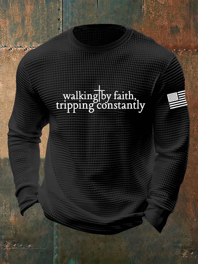 Men's Retro Walking By Faith Tripping Constantly Faith Print Casual Long-Sleeved Top