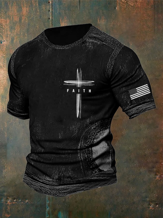 Men's Vintage Faith Cross Print Casual T-Shirt